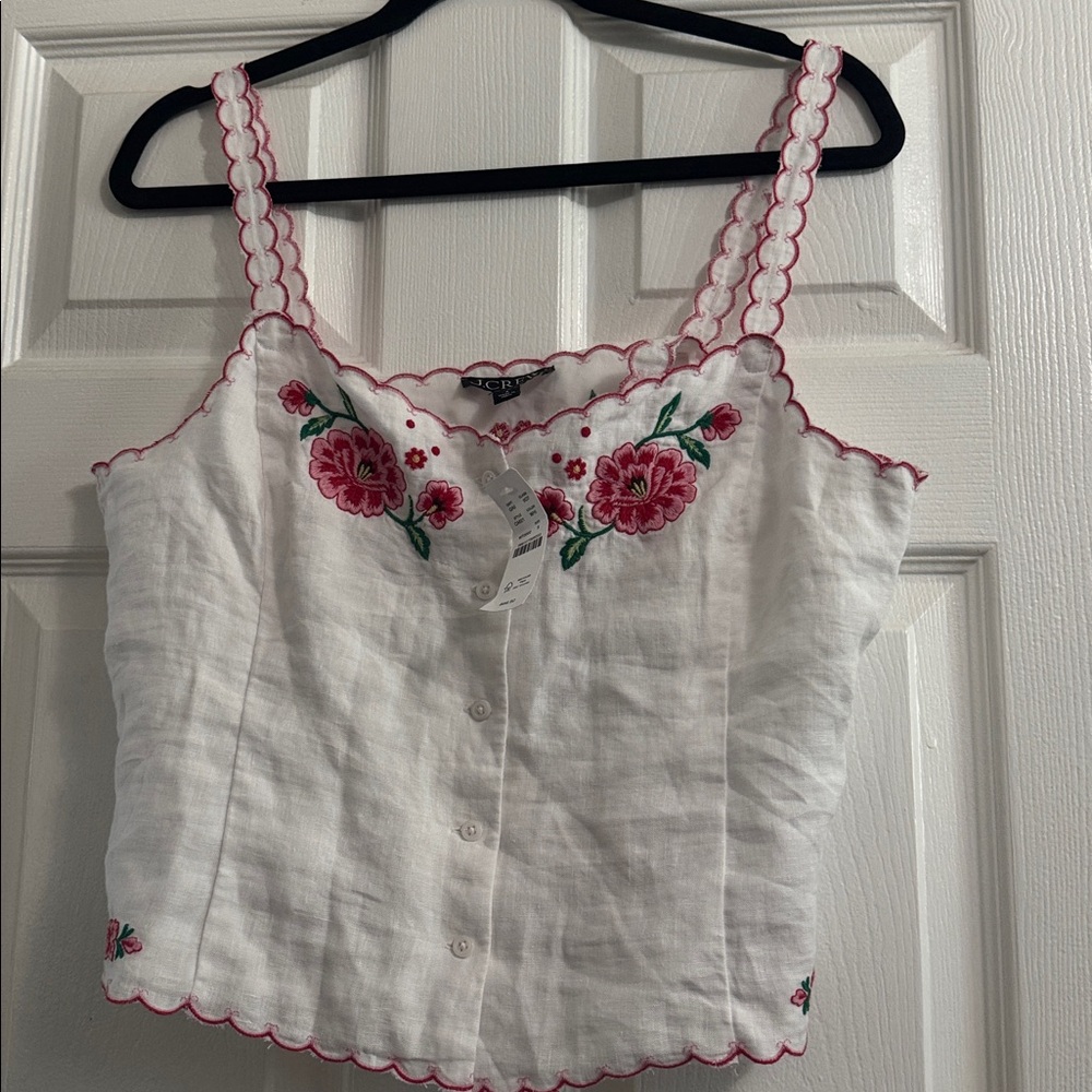 NWT J. Crew White Tank Top with Pink Floral Embroidery size 8 - Picture 2 of 12